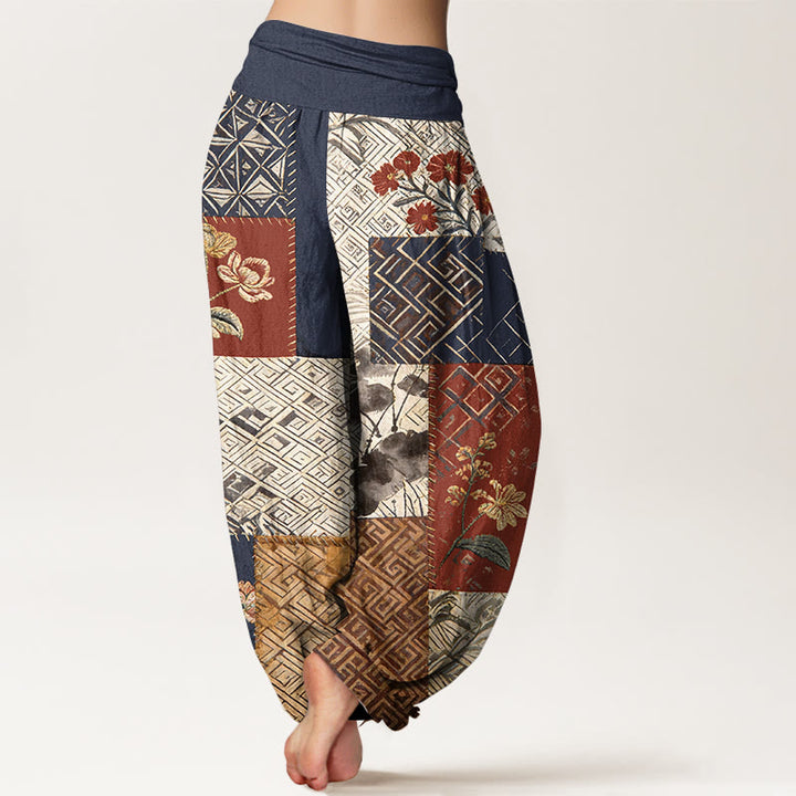 Buddha Stones Cotton Color Blocking Design Flower Geometry Pattern Women's Elastic Waist Harem Pants - image 1