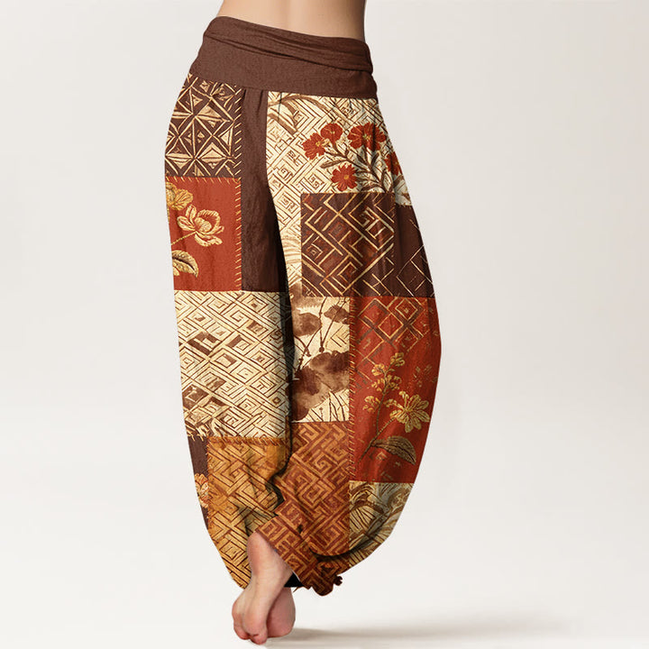 Buddha Stones Cotton Color Blocking Design Flower Geometry Pattern Women's Elastic Waist Harem Pants - image 6