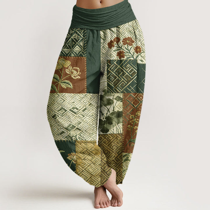Buddha Stones Cotton Color Blocking Design Flower Geometry Pattern Women's Elastic Waist Harem Pants - DarkGreen - US16，UK/AU20，EU48 (3XL) - image 8