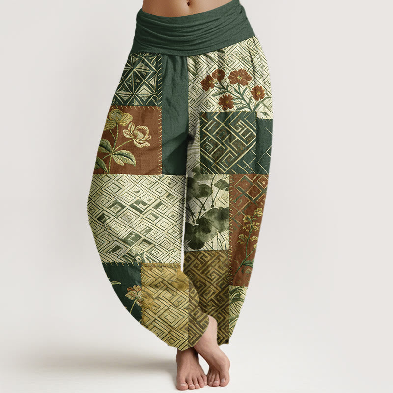 Buddha Stones Cotton Color Blocking Design Flower Geometry Pattern Women's Elastic Waist Harem Pants - DarkGreen - US16，UK/AU20，EU48 (3XL) - image 8