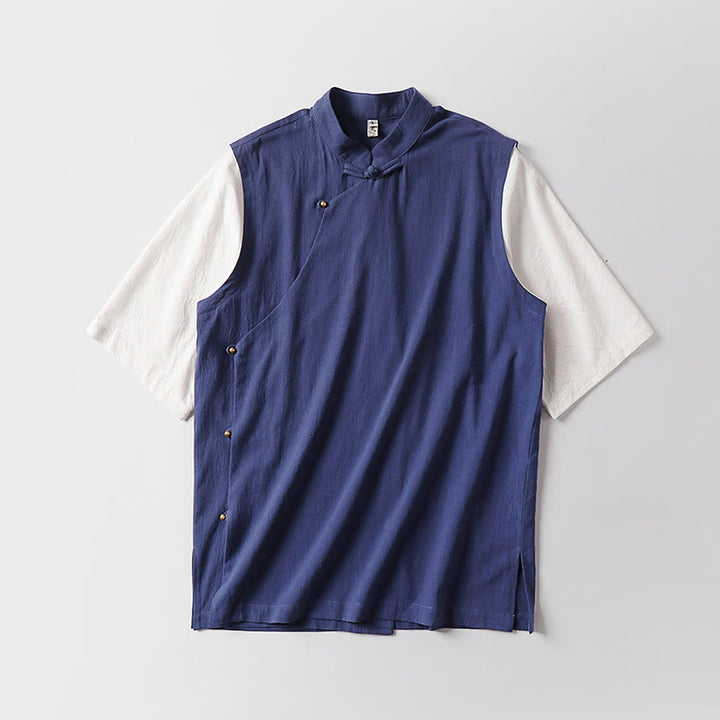 Buddha Stones Summer 2 In 1 Stripes Stand Collar Short Sleeve Frog-Button Men's Cotton Shirt - image 15