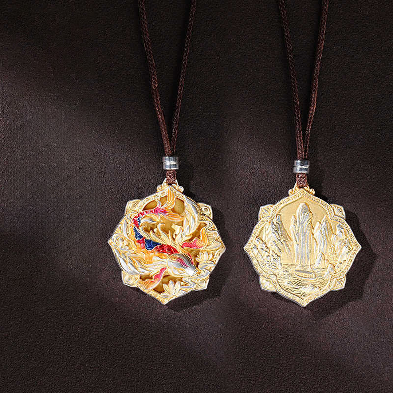 Buddha Stones 999 Sterling Silver Colorful Koi Fish Carved Luck Necklace Pendant - image 3