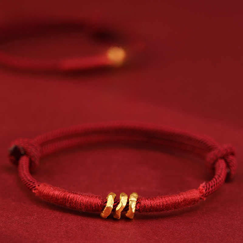 Buddha Stones 999 Gold Ring Design Handmade Luck Braided Red Rope Bracelet Anklet - Three Beads Anklet - Anklet(Anklet Circumference 19-23cm) - image 0
