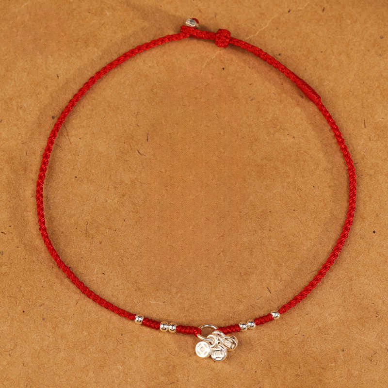 Buddha Stones Handcrafted 925 Sterling Silver Copper Coins Design Protection Strength Ultra-Thin Bracelet Anklet - Red Bracelet(Wrist Circumference 14-18cm) - image 7