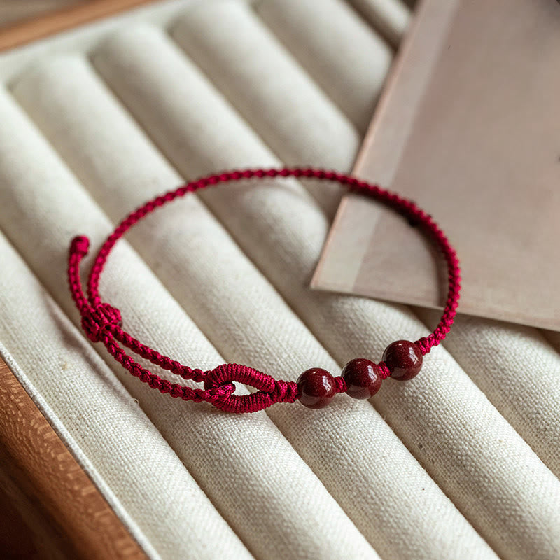 Buddha Stones Handmade Cinnabar Beads Calm Blessing Braided Rope Bracelet - Dark Red Rope(Wrist Circumference 16-18cm) - image 0