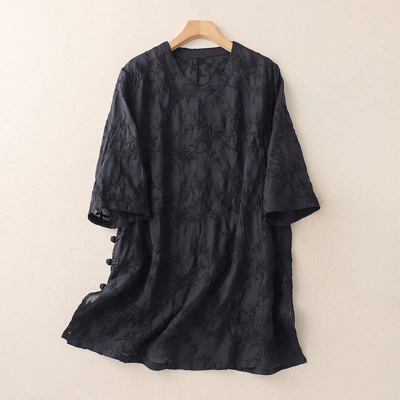 Buddha Stones Spring V-Neck Long Sleeve Leaf Pattern Women's Cotton Shirt  - Black - US8-10，UK/AU12-14，EU40-42 (2XL) - image 8
