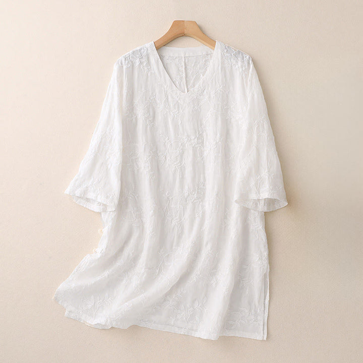 Buddha Stones Spring V-Neck Long Sleeve Leaf Pattern Women's Cotton Shirt  - White - US8-10，UK/AU12-14，EU40-42 (2XL) - image 9