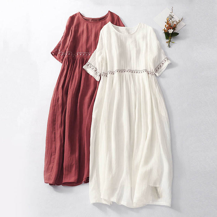 Buddha Stones Solid Color Embroidery Short Sleeve Cotton Midi Dress - image 0