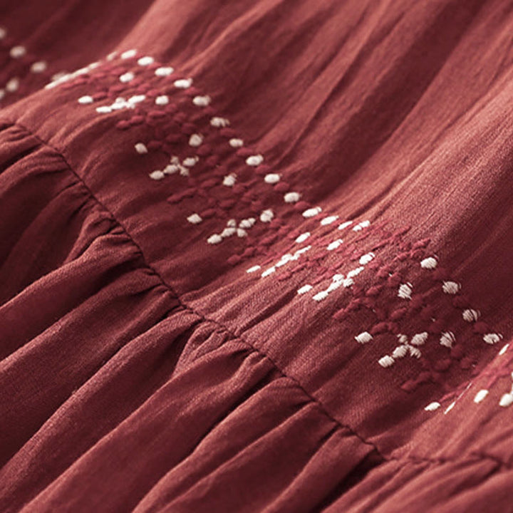 Buddha Stones Solid Color Embroidery Short Sleeve Cotton Midi Dress With Pockets - image 24