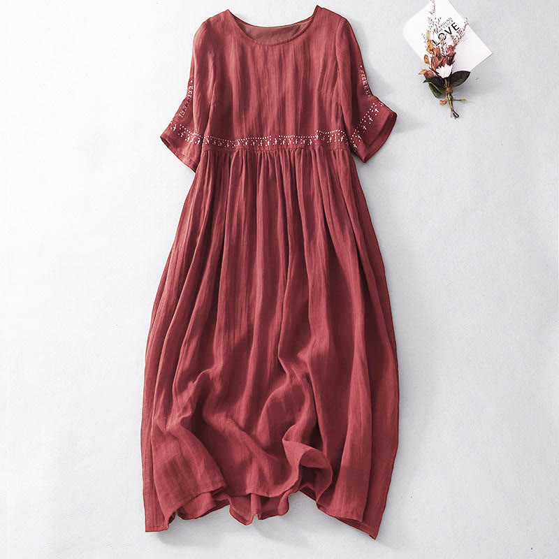 Buddha Stones Solid Color Embroidery Short Sleeve Cotton Midi Dress With Pockets - FireBrick - US12，UK/AU16，EU44 (2XL) - image 16