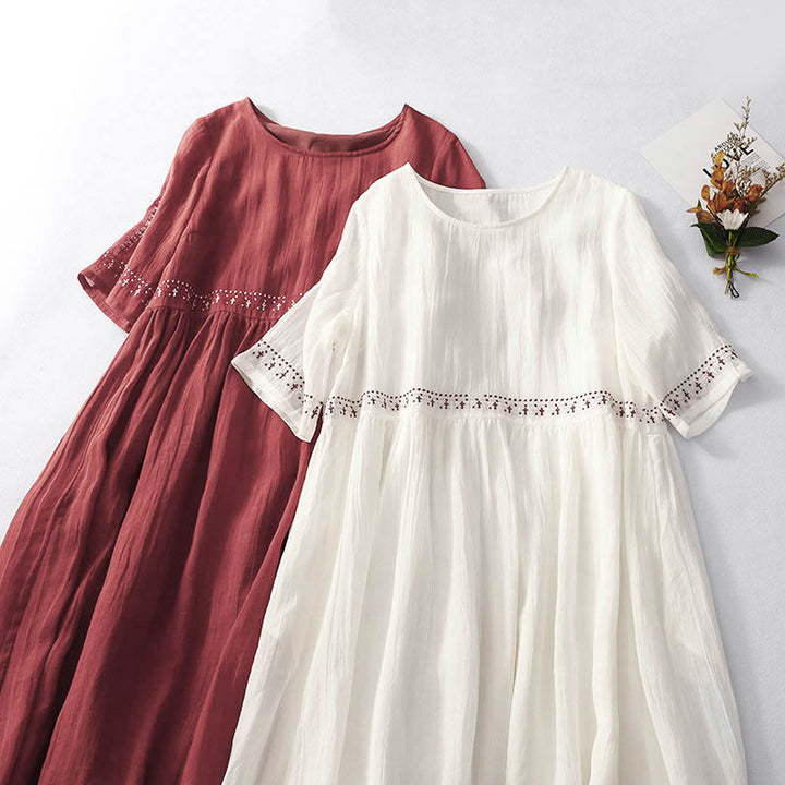 Buddha Stones Solid Color Embroidery Short Sleeve Cotton Midi Dress With Pockets - image 22