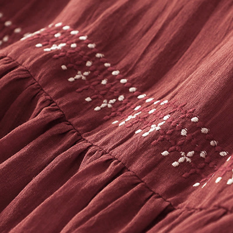 Buddha Stones Solid Color Embroidery Short Sleeve Cotton Midi Dress - image 24