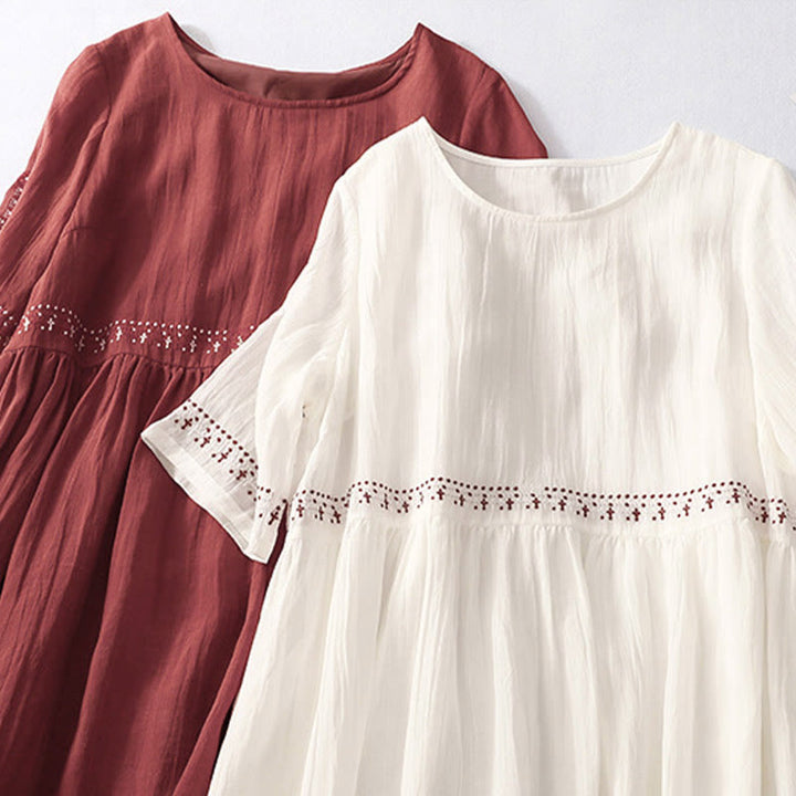 Buddha Stones Solid Color Embroidery Short Sleeve Cotton Midi Dress - image 27