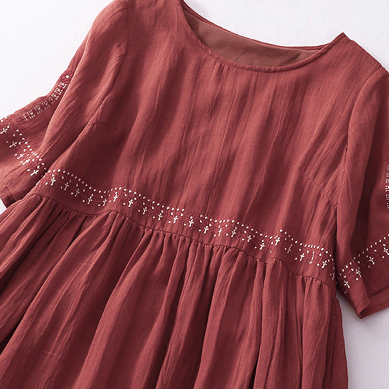 Buddha Stones Solid Color Embroidery Short Sleeve Cotton Midi Dress - image 20