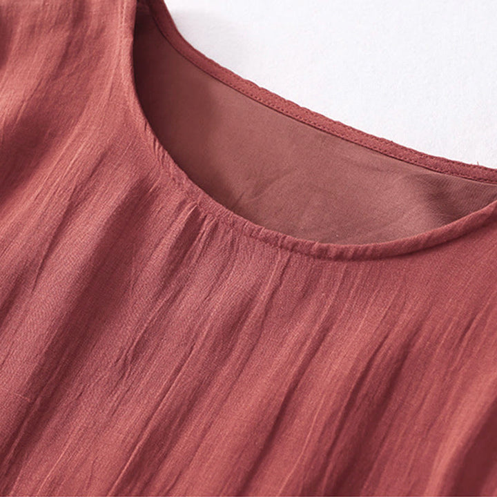 Buddha Stones Solid Color Embroidery Short Sleeve Cotton Midi Dress - image 23