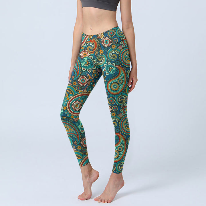Buddha Stones Retro Paisley Pattern Print Gym Leggings Women's Yoga Pants - SteelBlue - US18，UK/AU22，EU50 (4XL) - image 0