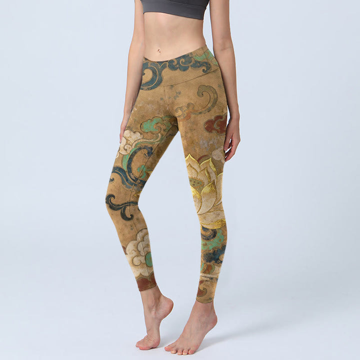 Buddha Stones Traditional Lotus Flower Cloud Pattern Print Gym Leggings Women's Yoga Pants - Goldenrod - US18，UK/AU22，EU50 (4XL) - image 0