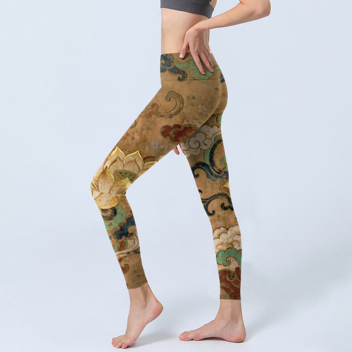 Buddha Stones Traditional Lotus Flower Cloud Pattern Print Gym Leggings Women's Yoga Pants - image 2