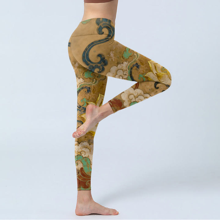 Buddha Stones Traditional Lotus Flower Cloud Pattern Print Gym Leggings Women's Yoga Pants - image 3