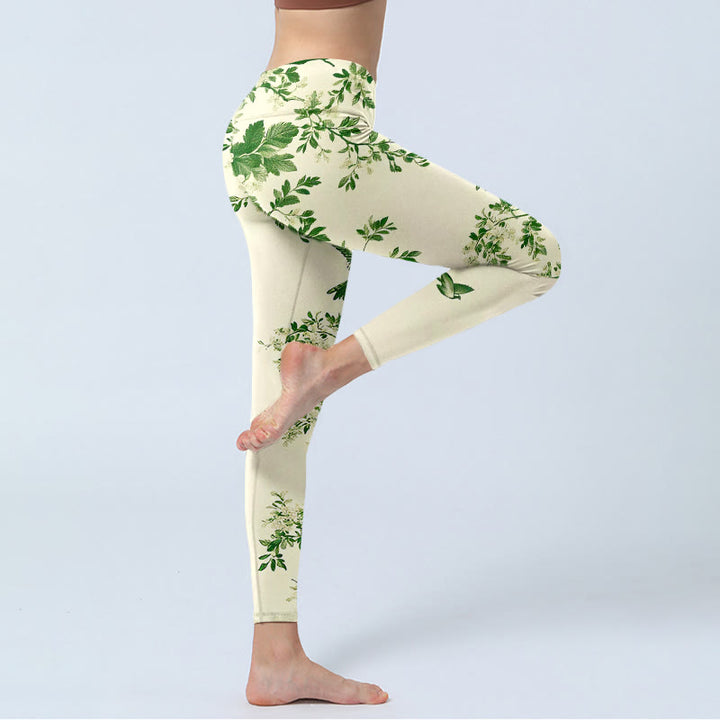 Buddha Stones Fresh Tree Flower Leaf Bird Pattern Print Gym Leggings Women's Yoga Pants - image 3