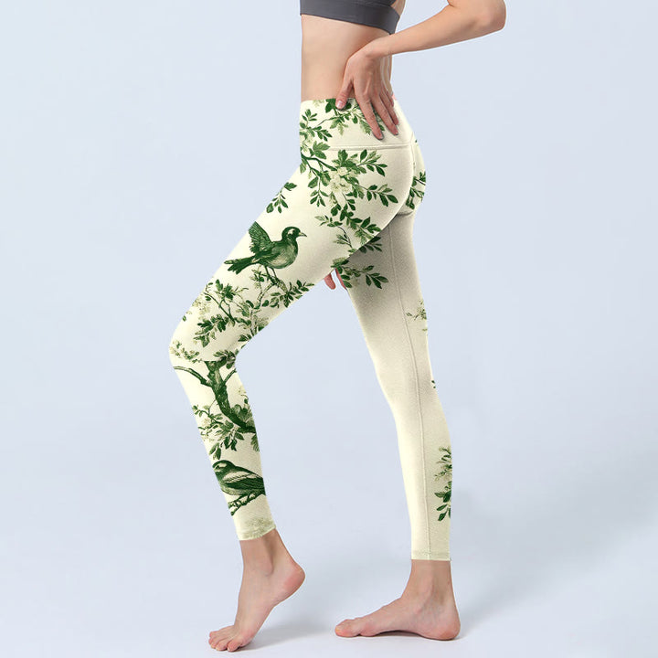 Buddha Stones Fresh Tree Flower Leaf Bird Pattern Print Gym Leggings Women's Yoga Pants - image 2