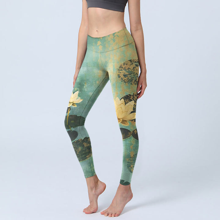 Buddha Stones Classical Lotus Flower Leaf Pattern Print Gym Leggings Women's Yoga Pants - MediumAquamarine - US18，UK/AU22，EU50 (4XL) - image 0