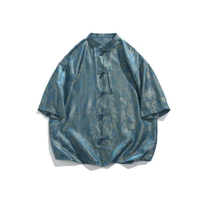 Buddha Stones Summer Frog-Button Half Sleeve Vine Leaf Flower Pattern Men's Shirt  - image 7