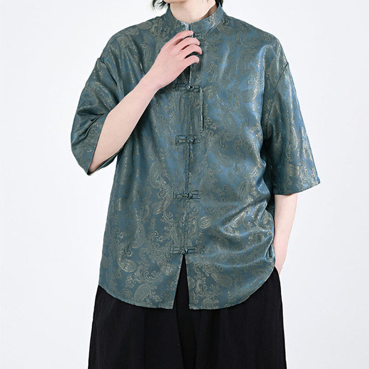 Buddha Stones Summer Frog-Button Half Sleeve Vine Leaf Flower Pattern Men's Shirt  - image 4