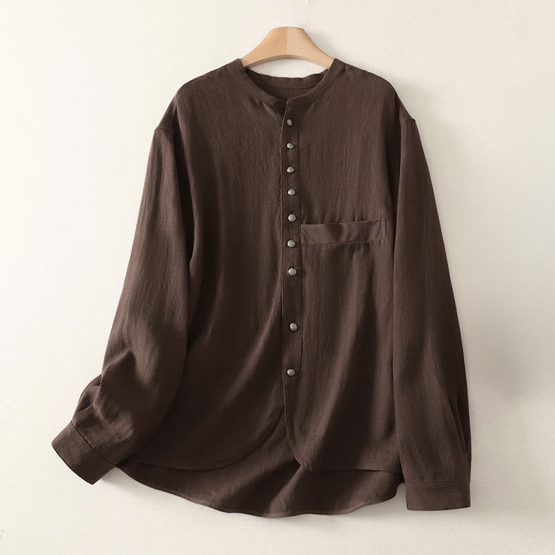 Buddha Stones Spring Plain V-Neck Long Sleeve Women's Cotton Shirt  - SaddleBrown - US8-10，UK/AU12-14，EU40-42 (2XL) - image 0