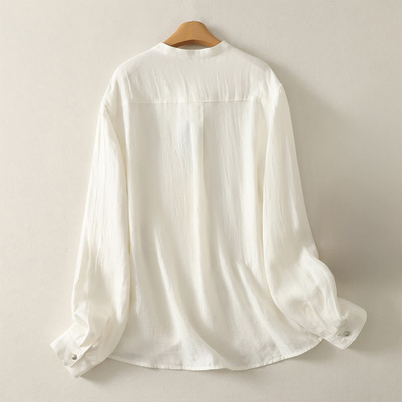 Buddha Stones Spring Plain V-Neck Long Sleeve Women's Cotton Shirt  - image 6