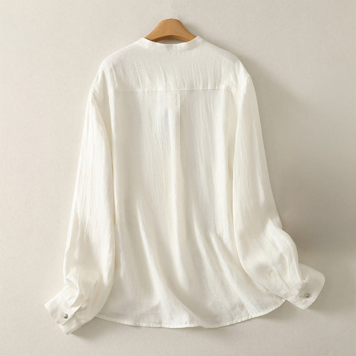 Buddha Stones Spring Plain V-Neck Long Sleeve Women's Cotton Shirt  - image 6