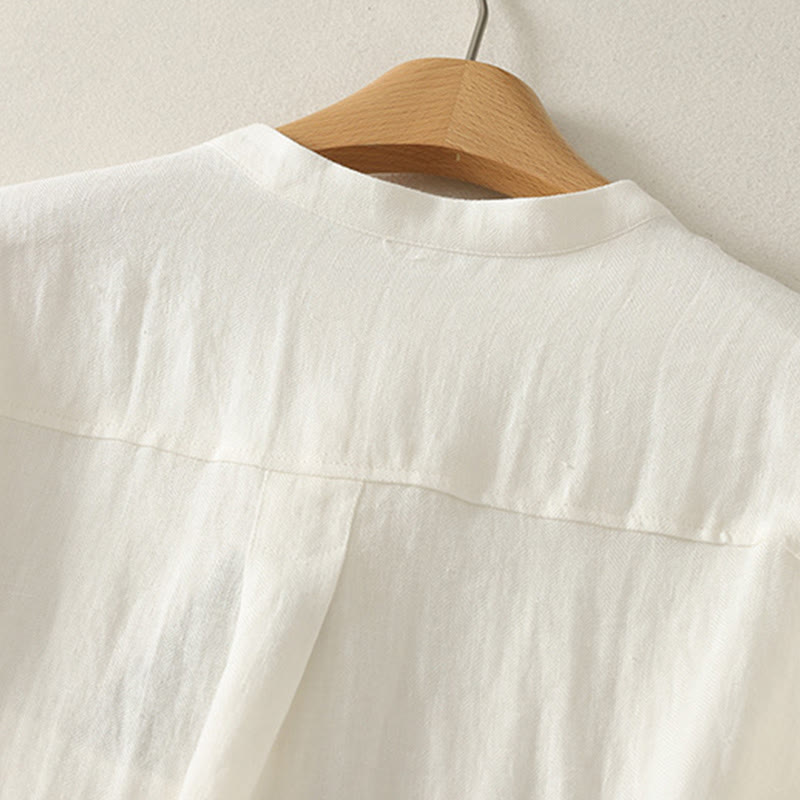 Buddha Stones Spring Plain V-Neck Long Sleeve Women's Cotton Shirt  - image 14