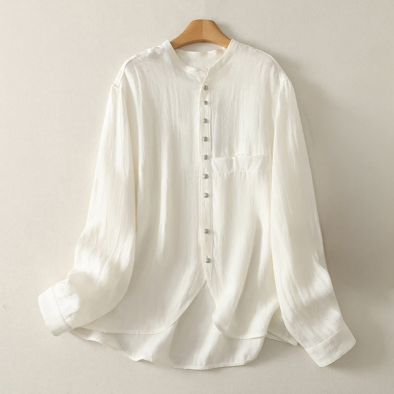 Buddha Stones Spring Plain V-Neck Long Sleeve Women's Cotton Shirt  - White - US8-10，UK/AU12-14，EU40-42 (2XL) - image 5