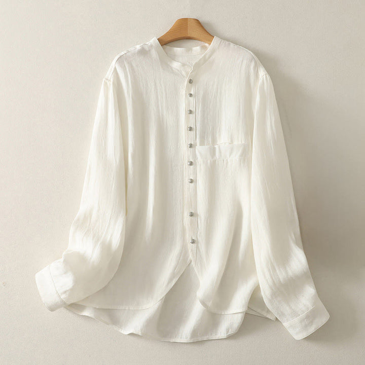 Buddha Stones Spring Plain V-Neck Long Sleeve Women's Cotton Shirt  - White - US8-10，UK/AU12-14，EU40-42 (2XL) - image 5