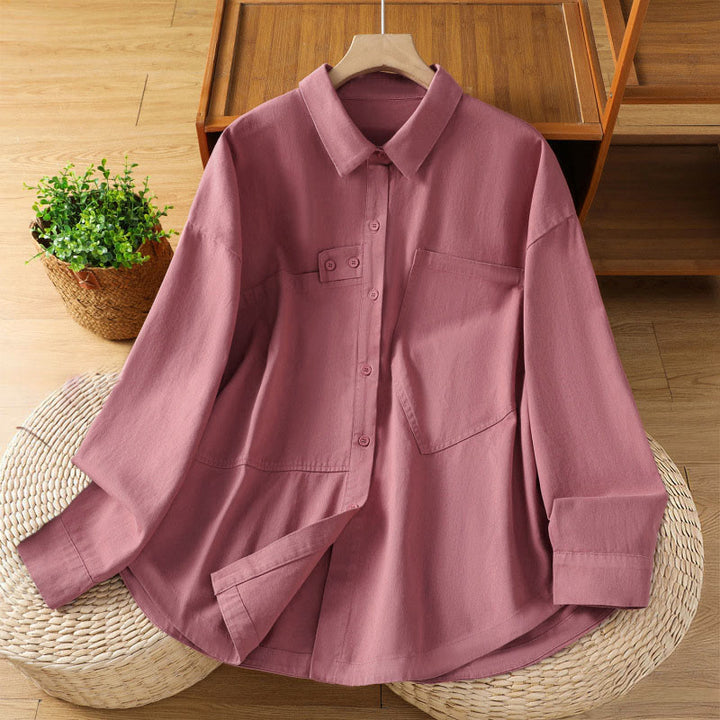 Buddha Stones Spring Plain Lapel Long Sleeve Women's Cotton Shirt With Pockets - DeepPink - US12，UK/AU16，EU44 (2XL) - image 0