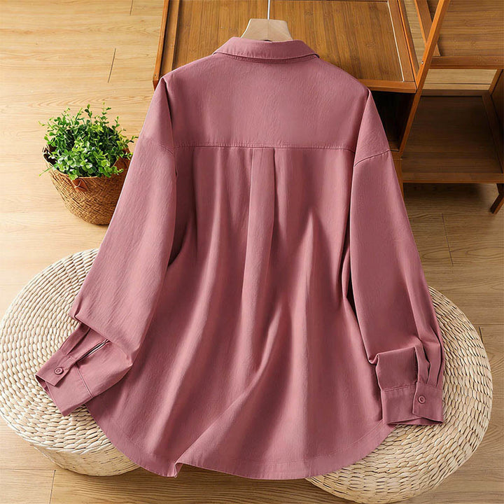 Buddha Stones Spring Plain Lapel Long Sleeve Women's Cotton Shirt With Pockets - image 1
