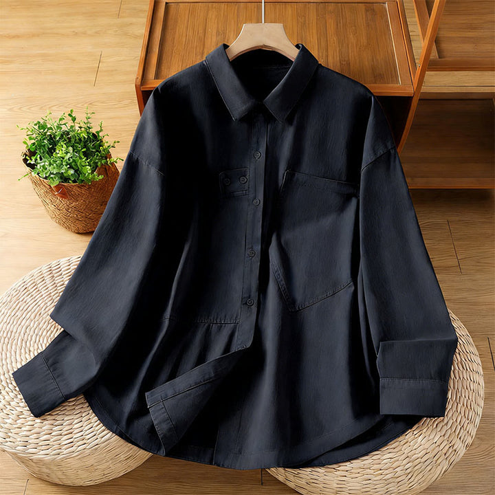 Buddha Stones Spring Plain Lapel Long Sleeve Women's Cotton Shirt With Pockets - Black - US12，UK/AU16，EU44 (2XL) - image 10
