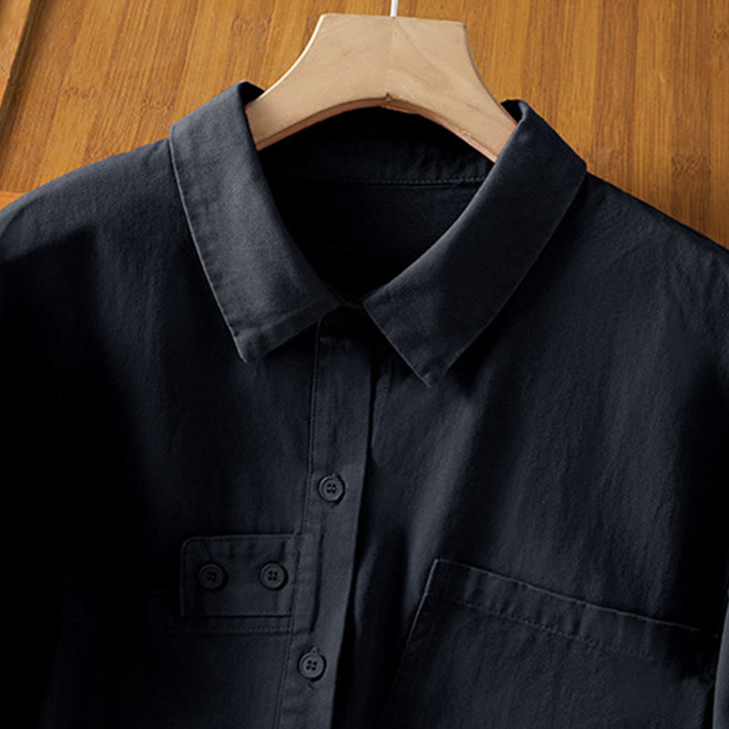 Buddha Stones Spring Plain Lapel Long Sleeve Women's Cotton Shirt With Pockets - image 15