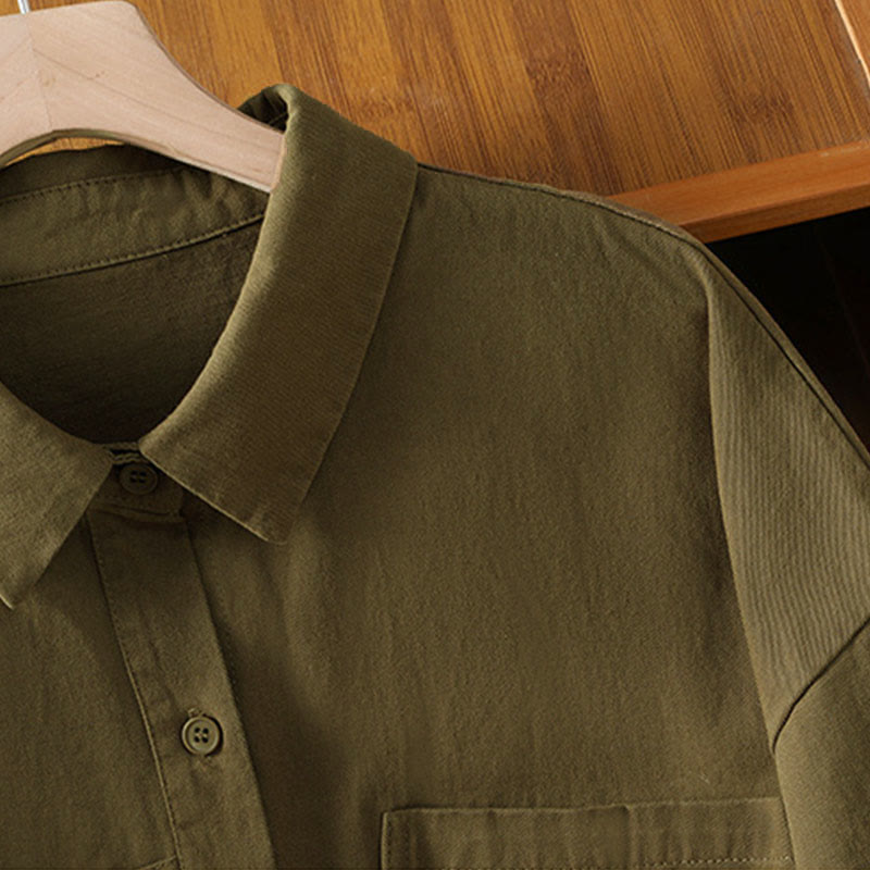 Buddha Stones Spring Plain Lapel Long Sleeve Women's Cotton Shirt With Pockets - image 21
