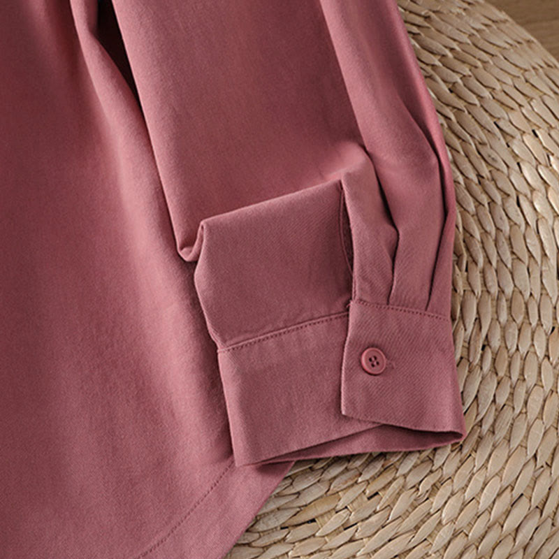Buddha Stones Spring Plain Lapel Long Sleeve Women's Cotton Shirt With Pockets - image 5