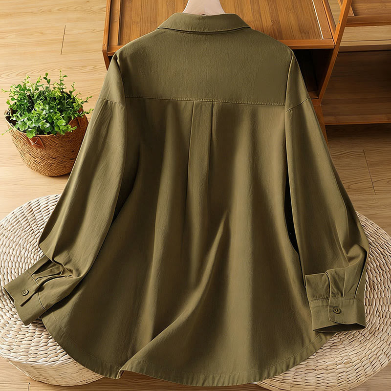 Buddha Stones Spring Plain Lapel Long Sleeve Women's Cotton Shirt With Pockets - image 27