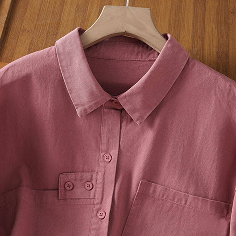 Buddha Stones Spring Plain Lapel Long Sleeve Women's Cotton Shirt With Pockets - image 3