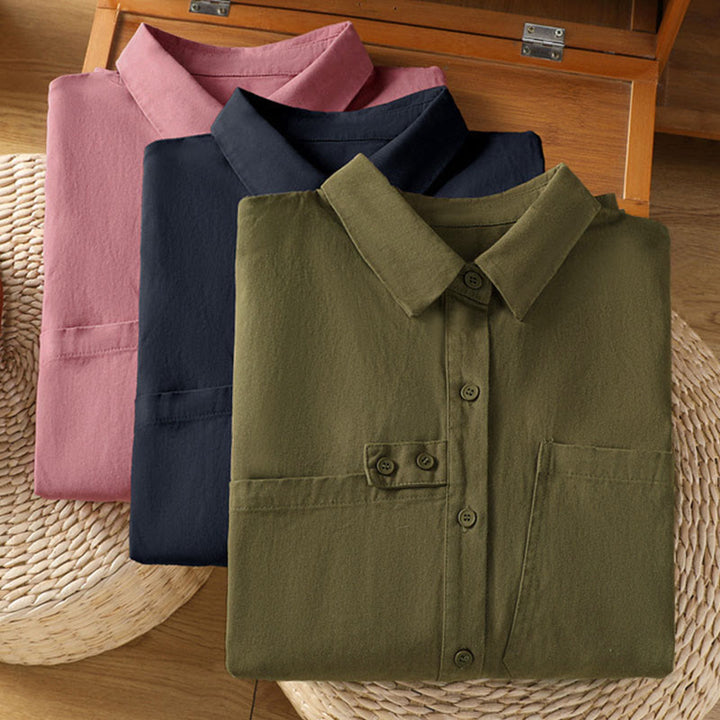 Buddha Stones Spring Plain Lapel Long Sleeve Women's Cotton Shirt With Pockets - image 28