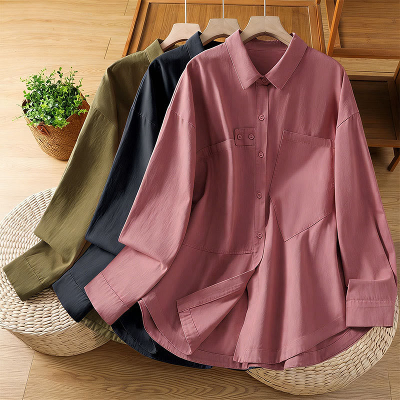 Buddha Stones Spring Plain Lapel Long Sleeve Women's Cotton Shirt With Pockets - image 29