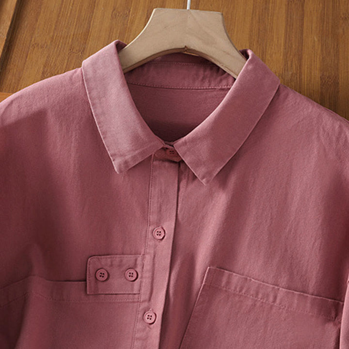 Buddha Stones Spring Plain Lapel Long Sleeve Women's Cotton Shirt With Pockets - image 3