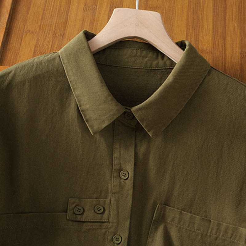 Buddha Stones Spring Plain Lapel Long Sleeve Women's Cotton Shirt With Pockets - image 20