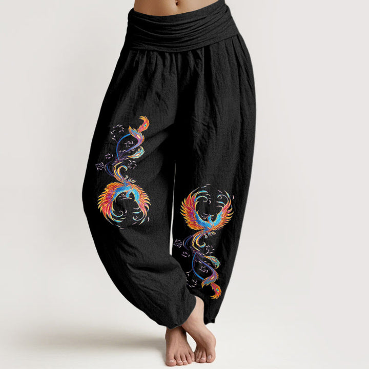 Buddha Stones Pure Cotton Gorgeous Phoenix Pattern Women's Elastic Waist Harem Pants - Black - US16，UK/AU20，EU48 (3XL) - image 0