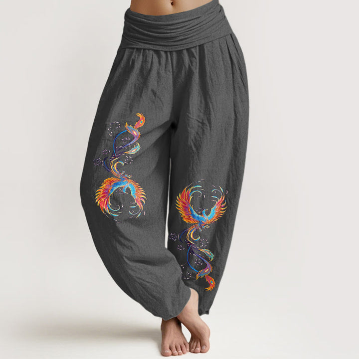 Buddha Stones Pure Cotton Gorgeous Phoenix Pattern Women's Elastic Waist Harem Pants - DimGray - US16，UK/AU20，EU48 (3XL) - image 8