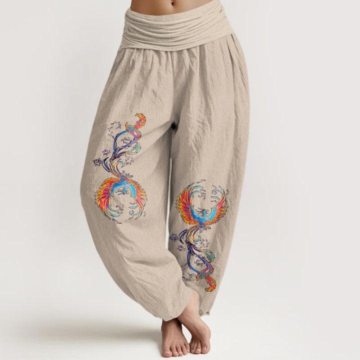 Buddha Stones Pure Cotton Gorgeous Phoenix Pattern Women's Elastic Waist Harem Pants - Tan - US16，UK/AU20，EU48 (3XL) - image 11