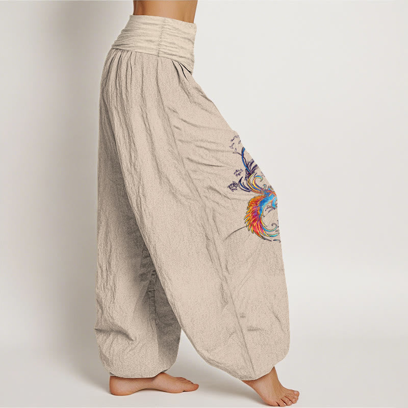 Buddha Stones Pure Cotton Gorgeous Phoenix Pattern Women's Elastic Waist Harem Pants - image 13